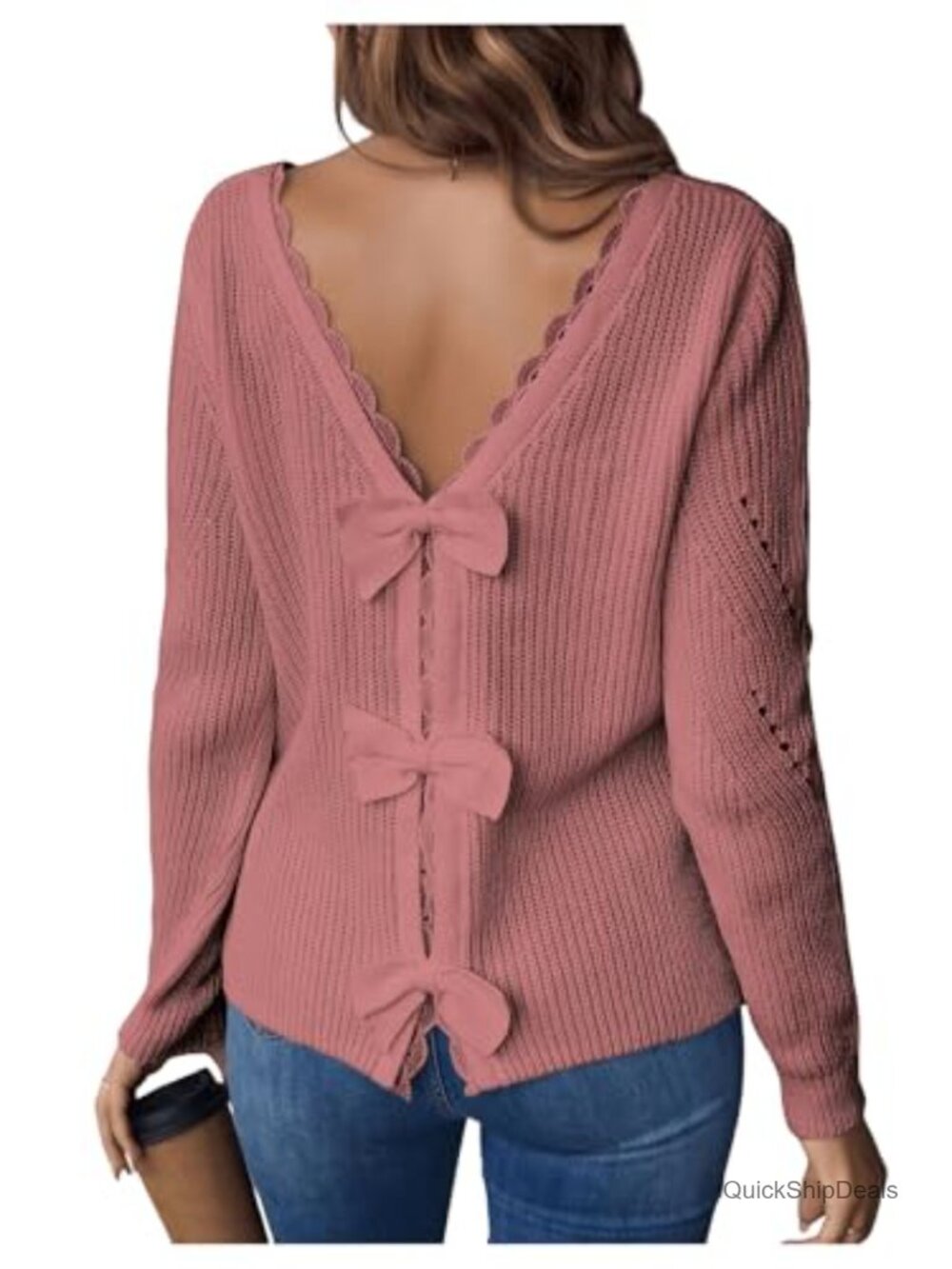 Women's Lace Bow Back V Neck Long Sleeve Pullover Sweater